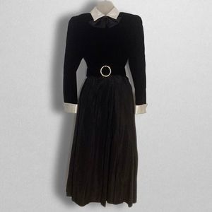 vintage 80’s Act 1 petite black velvet midi dress with collar and belt